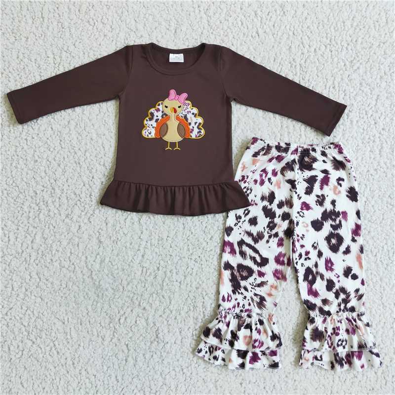 RTS NO MOQ（In Stock ) GLP0059 Embroidered turkey long sleeve pants set