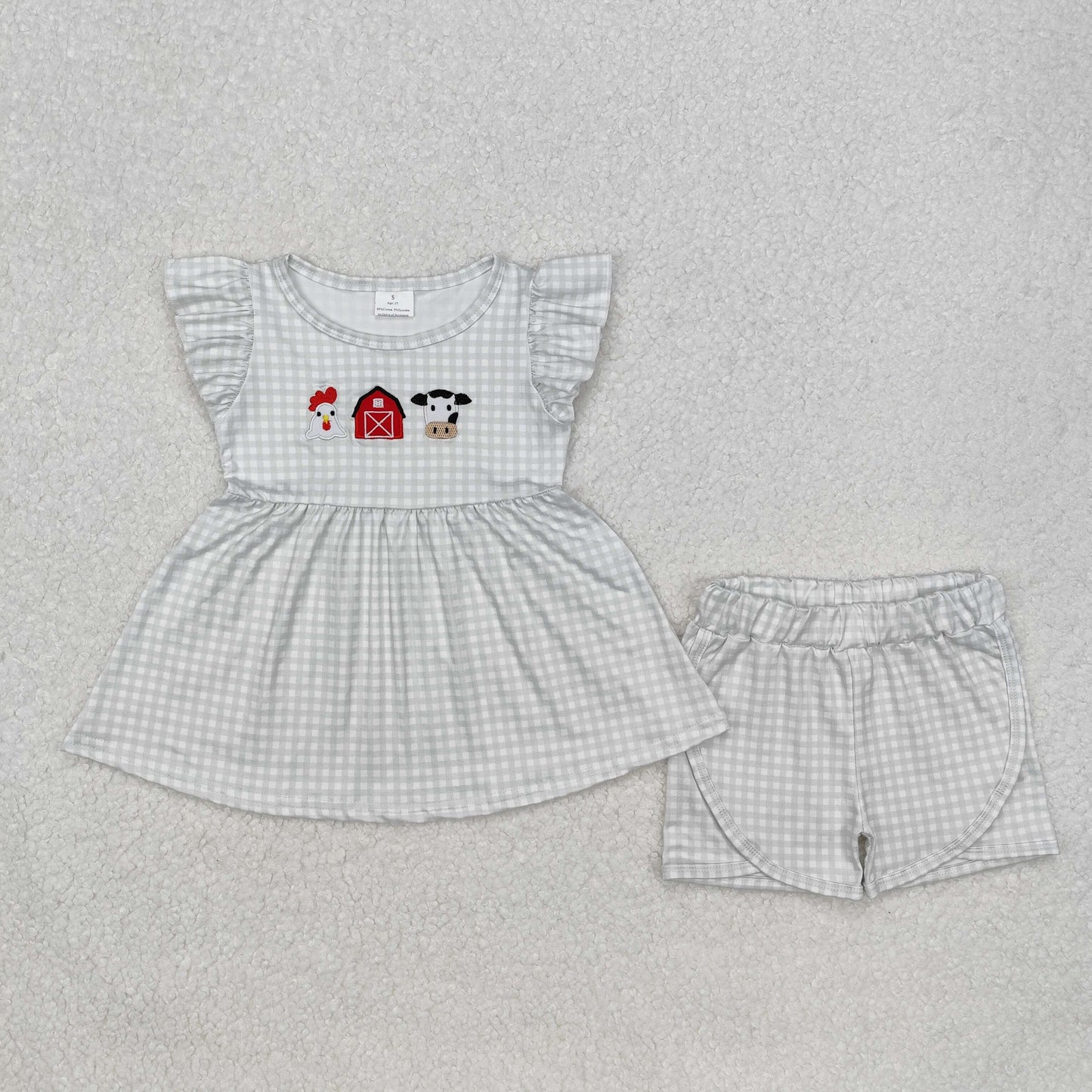 RTS NO MOQ ETA 5/7days Arrived GSSO1564 Embroidery Chick Farm Red House Cow Green Plaid Fly Sleeve Shorts Set