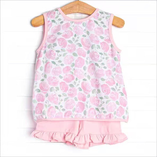 custom moq 5 eta 5-6 weeks baby girls clothes pink sleeveless shorts summer outfit