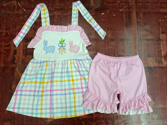 Custom moq 3 eta 6-7weeks baby girls clothes easter suspender shorts sets