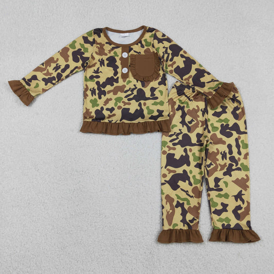 RTS NO MOQ（In Stock) Brown Camouflage Lace Pocket Long-Sleeved Pants Pajama Set