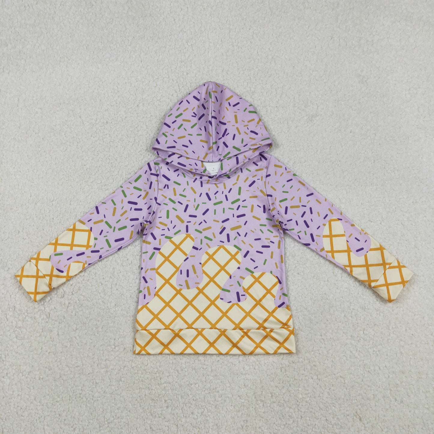 RTS NO MOQ（In Stock) Waffle Ice Cream Light Purple Hooded Long-Sleeved Top