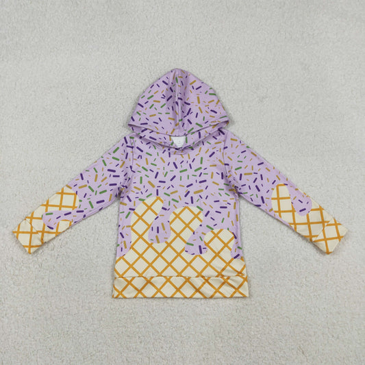 RTS NO MOQ（In Stock) Waffle Ice Cream Light Purple Hooded Long-Sleeved Top