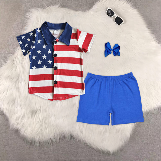 rts no moq B17-19+SS0276 baby boy clothes striped Short Sleeve Top blue shorts sets