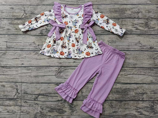 Custom moq 3 eta 6-7weeks  Spider Puppy-Pumpkin Bow White Long Sleeve Top-Purple Pants Set