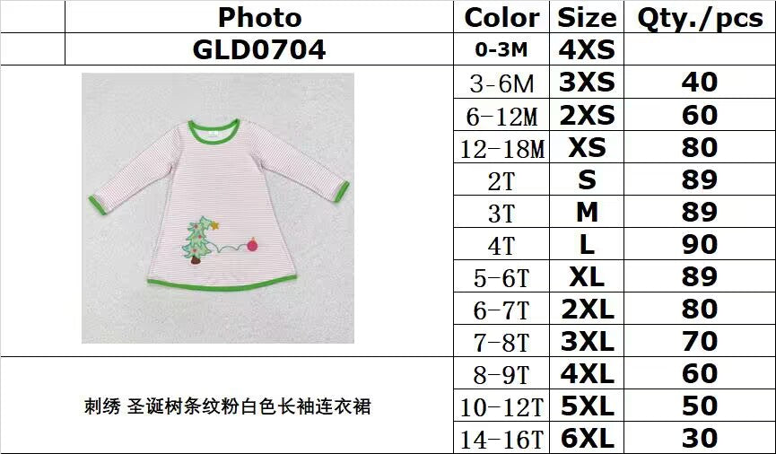 RTS NO MOQ ETA 5/7days arrived GLD0704 Embroidered Christmas tree striped pink and white long sleeve dress