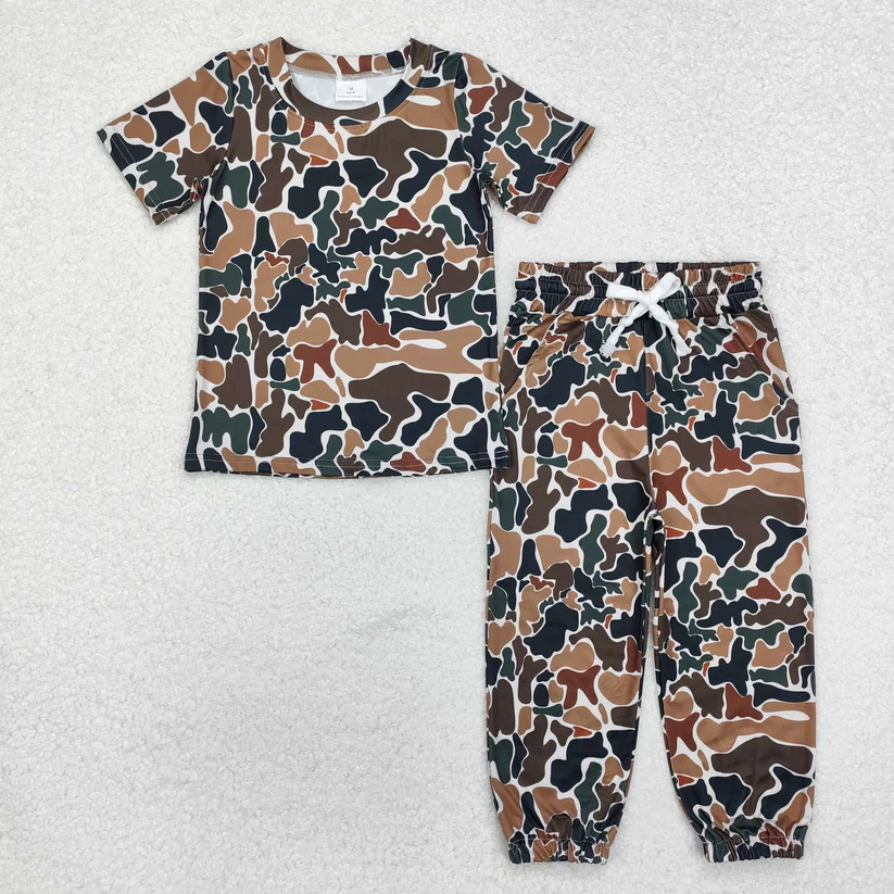 RTS NO MOQ Camouflage Short sleeves pants suit & short-sleeved shorts suit & top and shorts and pants