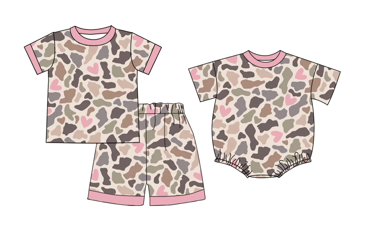 26.1.6 custom each style moq 5 eta 6-8week Sibling Sister camouflage baby boy short sleeve shorts sets and romper match design