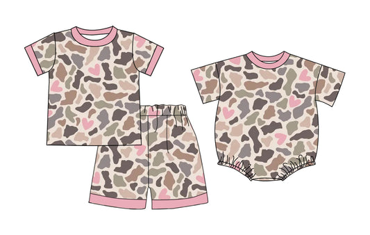 26.1.6 custom each style moq 5 eta 6-8week Sibling Sister camouflage baby boy short sleeve shorts sets and romper match design