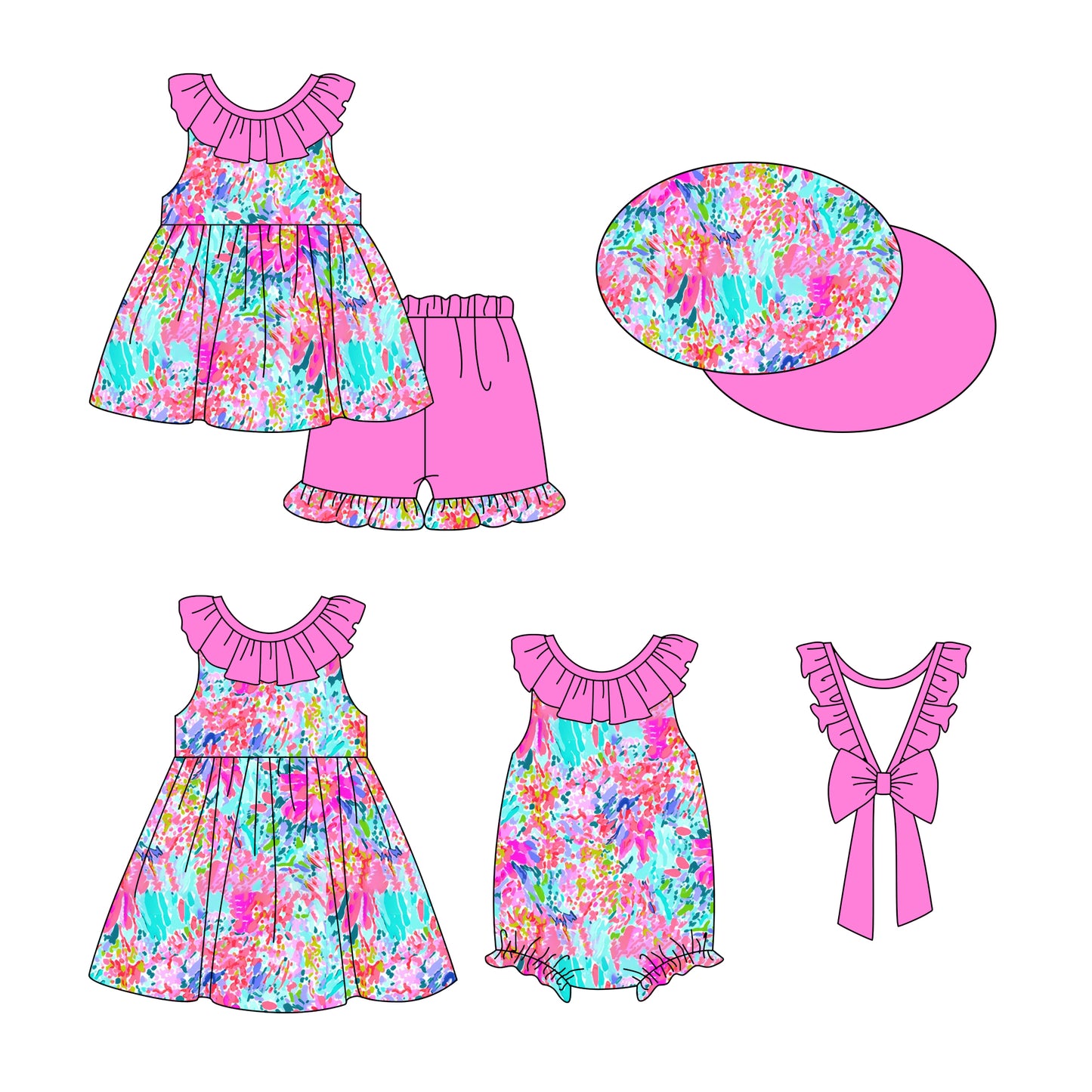 1.2 custom each style moq 5eta 4-6week Sibling Sistes floral baby girl short sleeve shorts sets and dress and rompers match family design