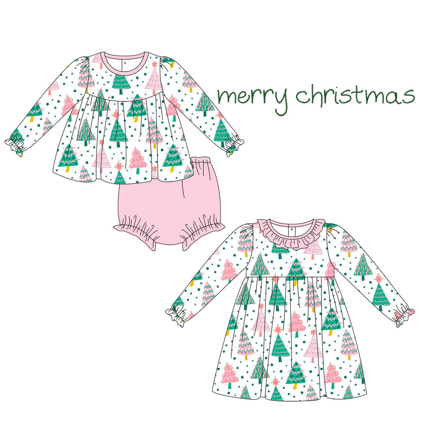 5.13custom each style moq 5eta 4-5week Sibling Sister Christmas style Christmas tree print pink girls dress and baby romper match family design