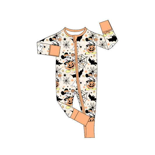 5.3custom each style moq 5eta 4-5week Sibling Sister Halloween pumpkin prints orange girls jumpsuits and boy set and baby romper match family design