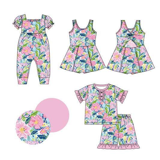 1.4 custom each style moq 5eta 4-6week Sibling Siste floral baby girl short sleeve shorts sets and dress and rompers match family design