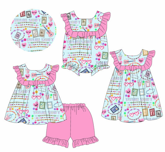 1.15 custom each style moq 5eta 4-6week Sibling Sisters taylor swift baby girl short sleeve shorts sets and dress and rompers match family design