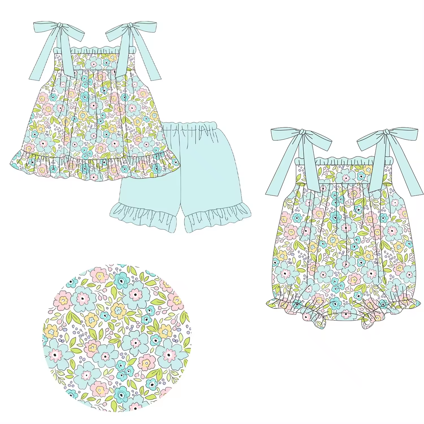 5.15custom each style moq 5eta 4-5week Sibling Sister floral print blue girls outfits and baby romper match family design