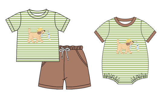 25.12.2 custom each style moq 5 eta 6-8 week Sibling Sister puppy fishing baby boy short sleeve shorts sets and boy rompers match family design