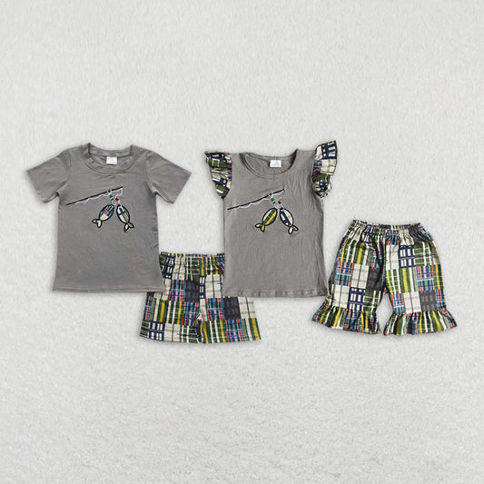 Baby Girls boys cartoon fishing print gray boys and girls set Family siblings set