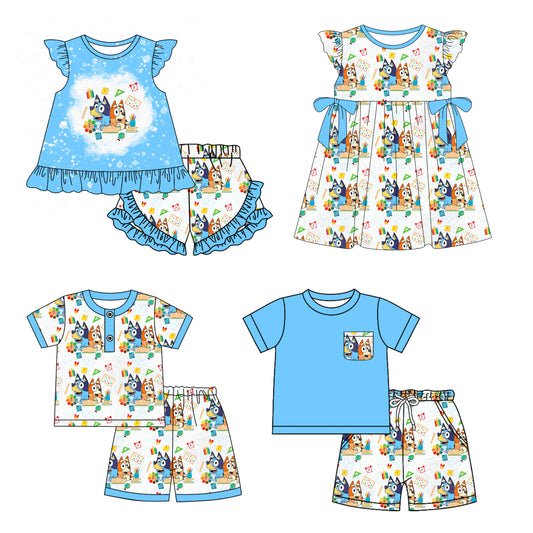 12.30 custom each style moq 5eta 4-6week Sibling Sister cartoon dog baby boy short sleeve shorts sets 1 and sets 2 and set 3 and dress match design