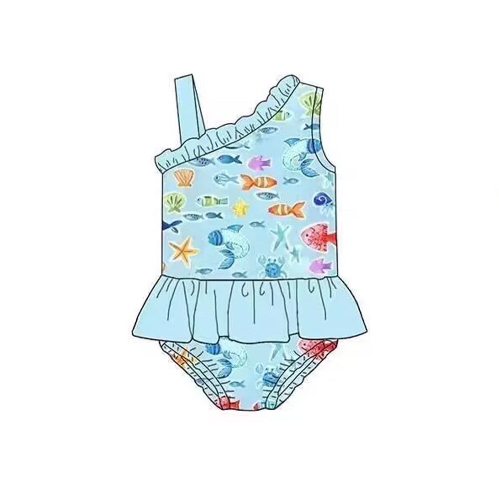 5.10custom each style moq 5eta 4-5week Sibling Sister ocean fish prints blue girls and boys outfits and baby romper swimsuit match family design