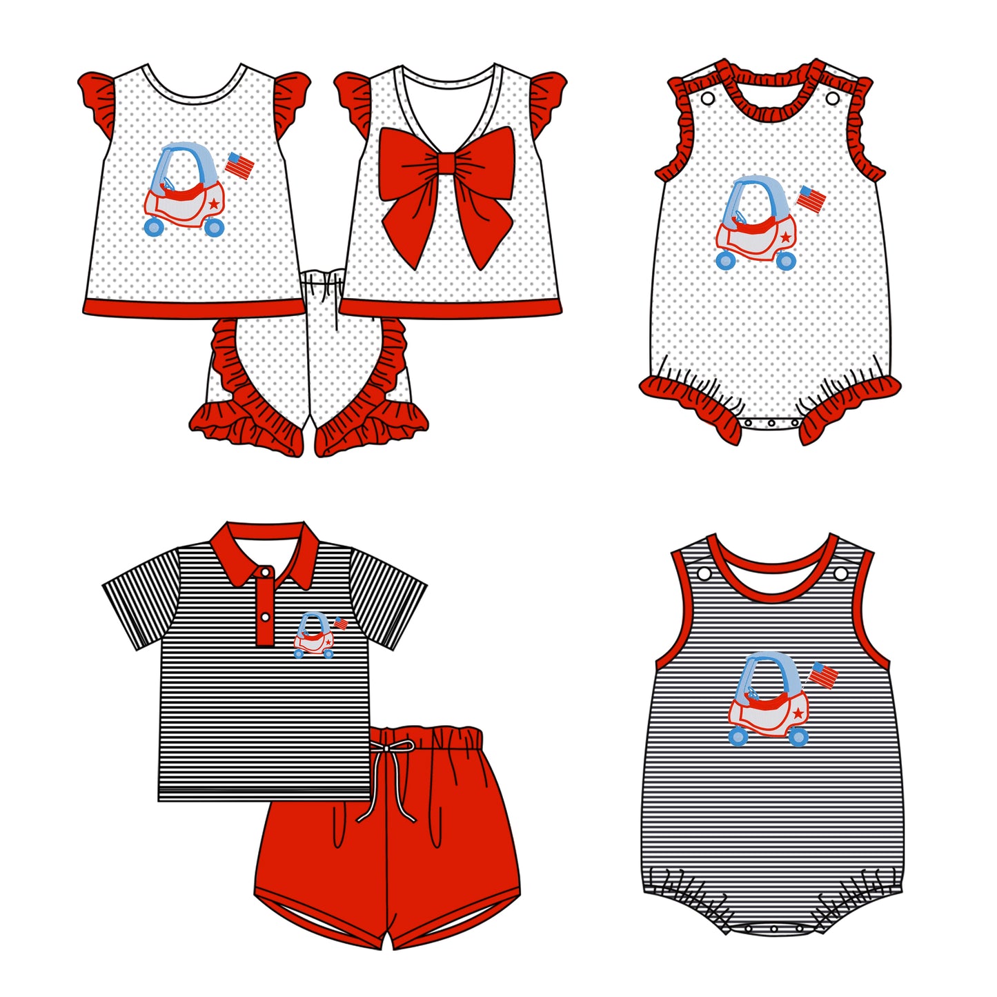 1.8 custom each style moq 5eta 4-6week Sibling Sister 4th of july bow baby girl short sleeve shorts sets and sets 2 and boy romper and girl romper match design