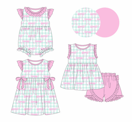 1.13 custom each style moq 5eta 4-6week Sibling Sisters bow baby girl short sleeve shorts sets and dress and rompers match family design