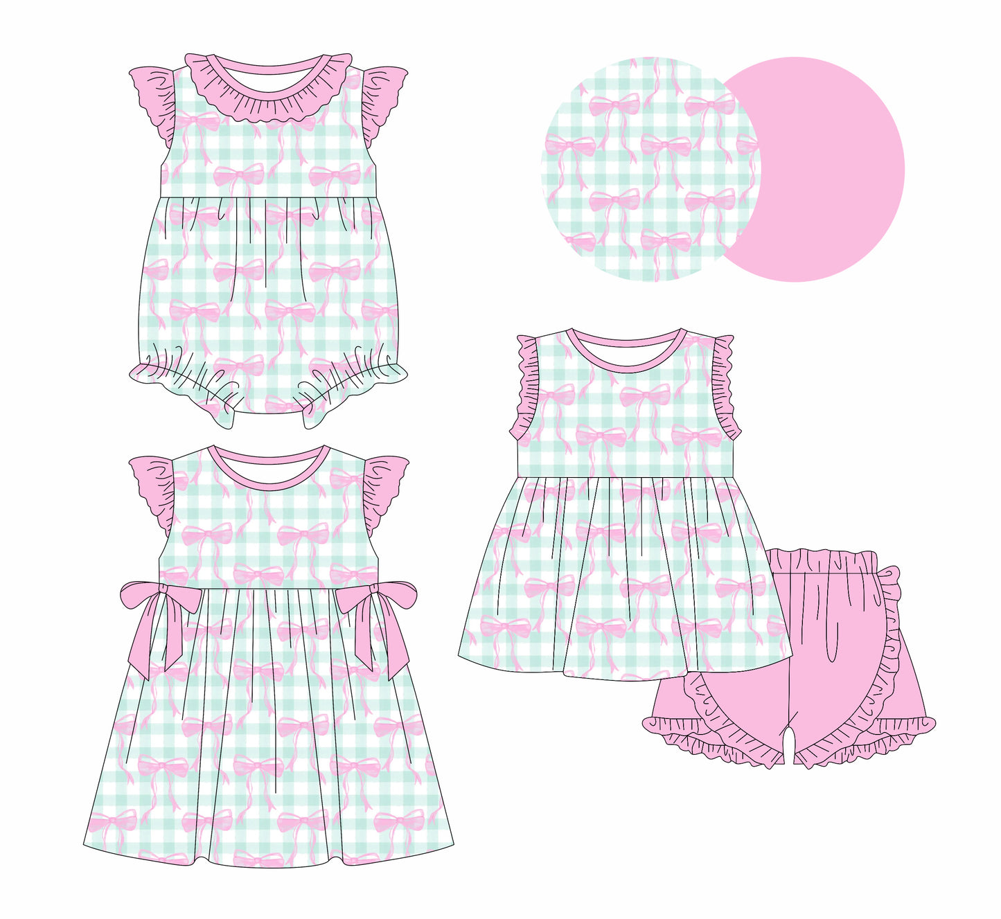 1.13 custom each style moq 5eta 4-6week Sibling Sisters bow baby girl short sleeve shorts sets and dress and rompers match family design