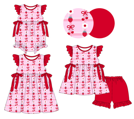 26.1.8 custom each style moq 5 eta 6-8week Sibling Sister strawberry bow floral baby short sleeve shorts sets and romper and dress match design