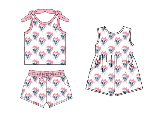 1.18 custom each style moq 5eta 4-6week Sibling Sister floral bow baby girls short sleeve shorts sets and jumpsuit match design