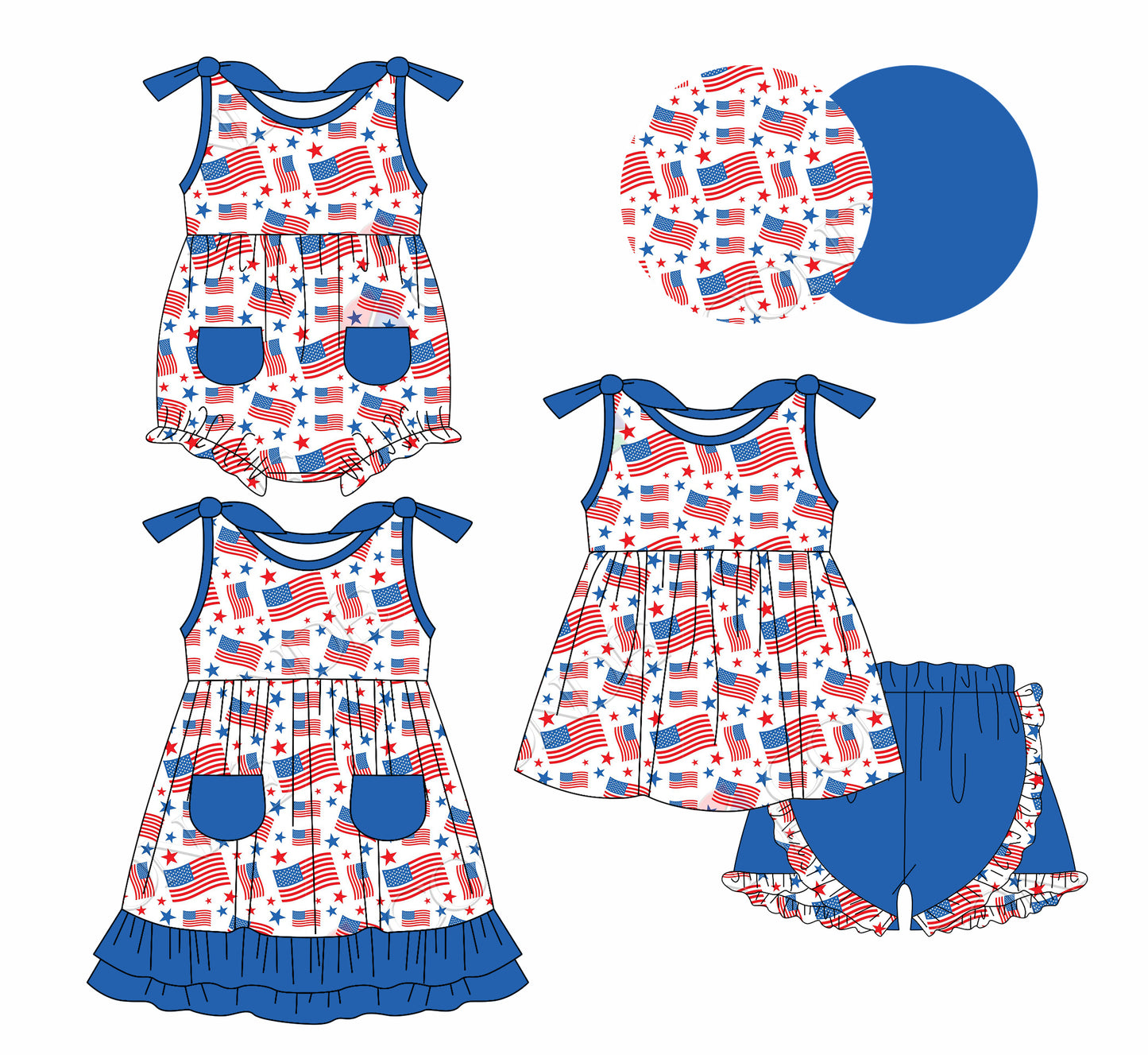 1.6 custom each style moq 5eta 4-6week Sibling Sistes 4th of july baby girl short sleeve shorts sets and dress and rompers match family design