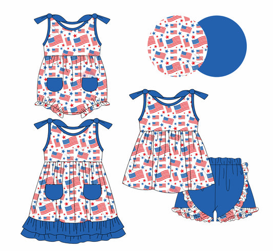 1.6 custom each style moq 5eta 4-6week Sibling Sistes 4th of july baby girl short sleeve shorts sets and dress and rompers match family design