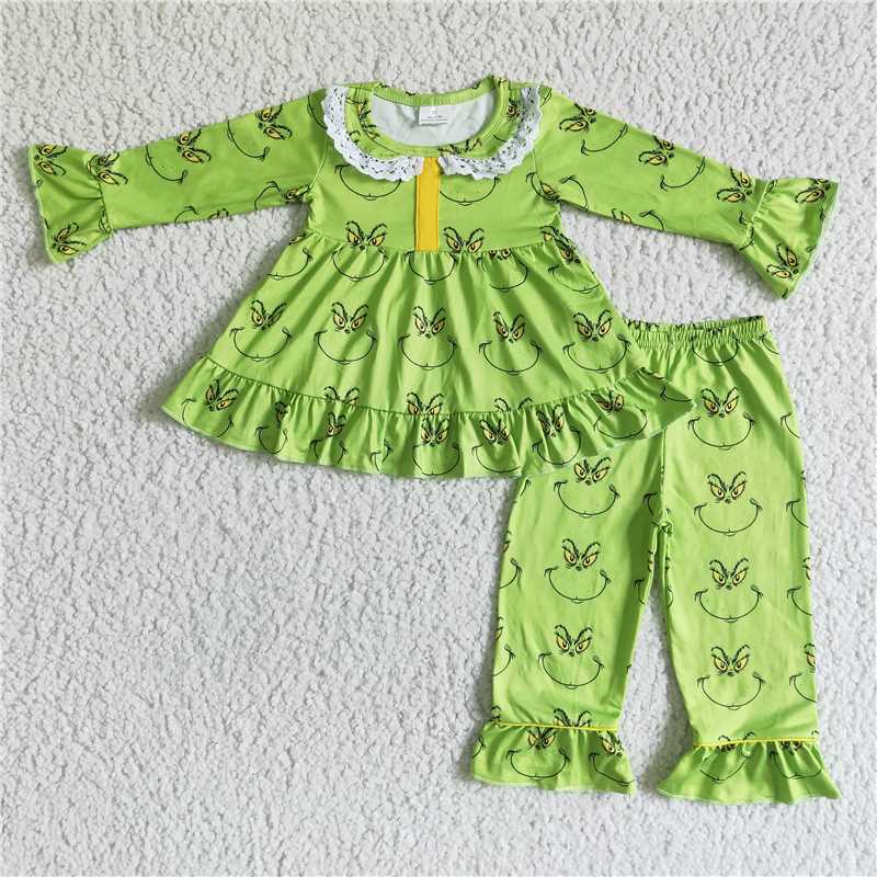 Baby Girls boys Cat smiley face print green Family siblings set