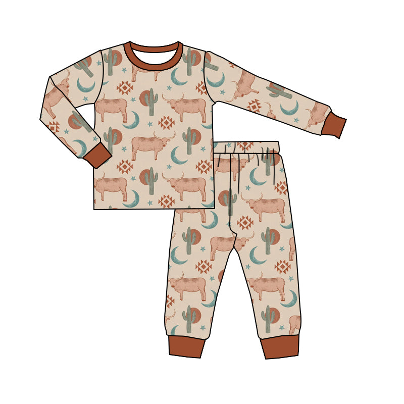 5.14custom each style moq 5eta 4-5week Sibling Sister StarsWestern style cactus yak prints brown boys outfits match family design