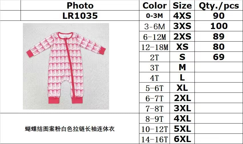 rts no moq LR1035 Pink and white zippered long-sleeved bodysuit with bow pattern