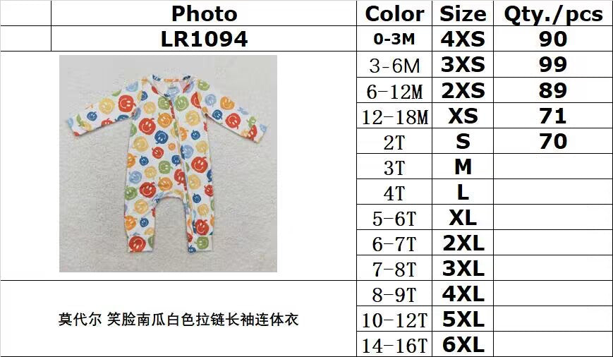 bamboo rts no moq LR1094 Modal smiley face pumpkin white zipper long sleeve bodysuit