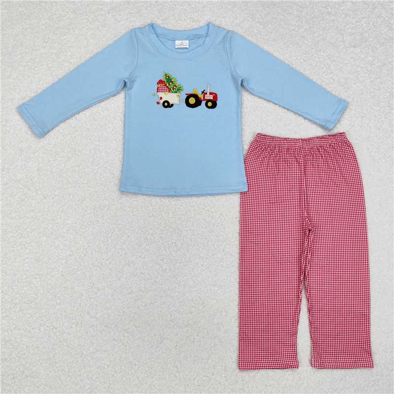 RTS NO MOQ（In Stock) BLP0745 Baby Boys embroidery blue Top Pants Outfits Sets