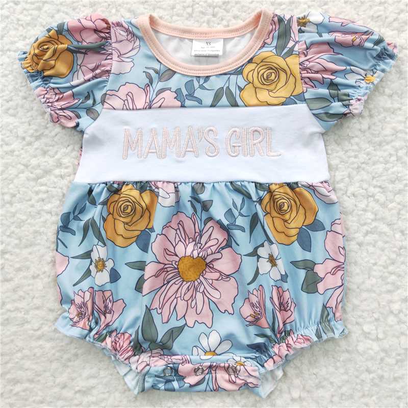 RTS NO MOQ ETA 5/7days arrived SR0344 Embroidered MAMAS GIRL flower blue short sleeve jumpsuit