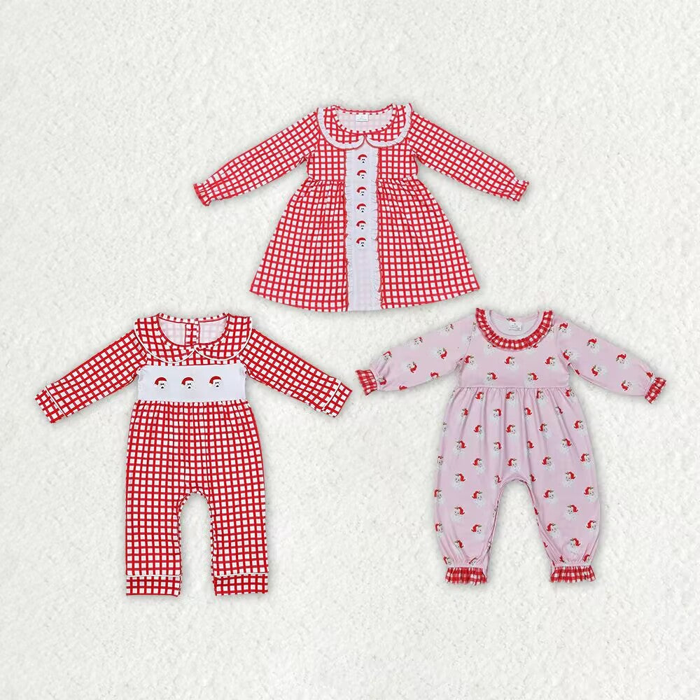 RTS NO MOQ LR1263 GLD0612 LR1068 Santa Claus Red Plaid Long Sleeve Dress & Romper