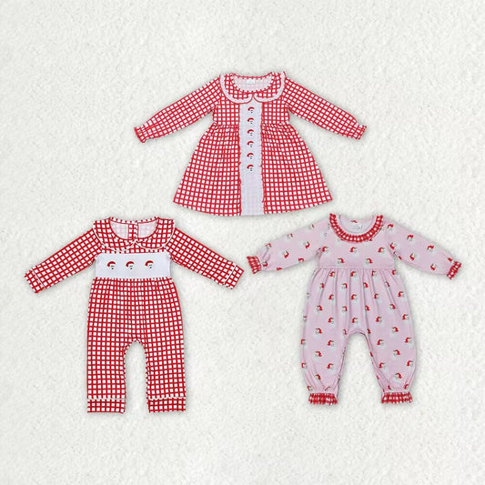 RTS NO MOQ LR1263 GLD0612 LR1068 Santa Claus Red Plaid Long Sleeve Dress & Romper