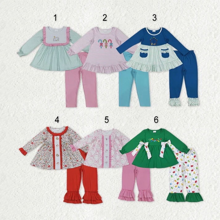 RTS NO MOQ Sibling Baby girls clothes embroidery Christmas long-sleeved trousers suits