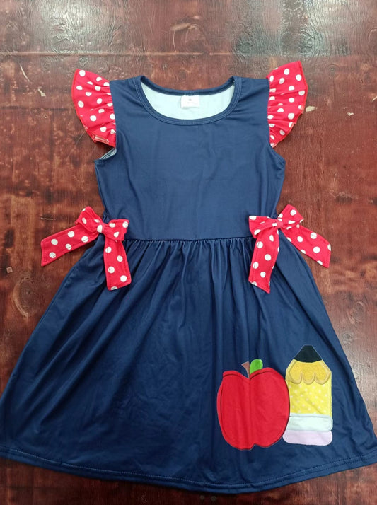 custom moq 5 eta 4-6weeks summer baby girls clothes apple navy blue flying sleeve skirt dress