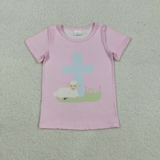 RTS NO MOQ（In Stock) Sheep Cross Pink Short-Sleeve Top