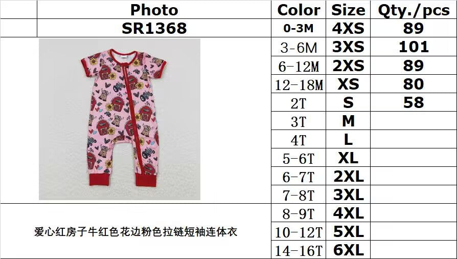 SR1368 Love Red House Cow Red Lace Pink Zipper Short Sleeve Jumpsuit