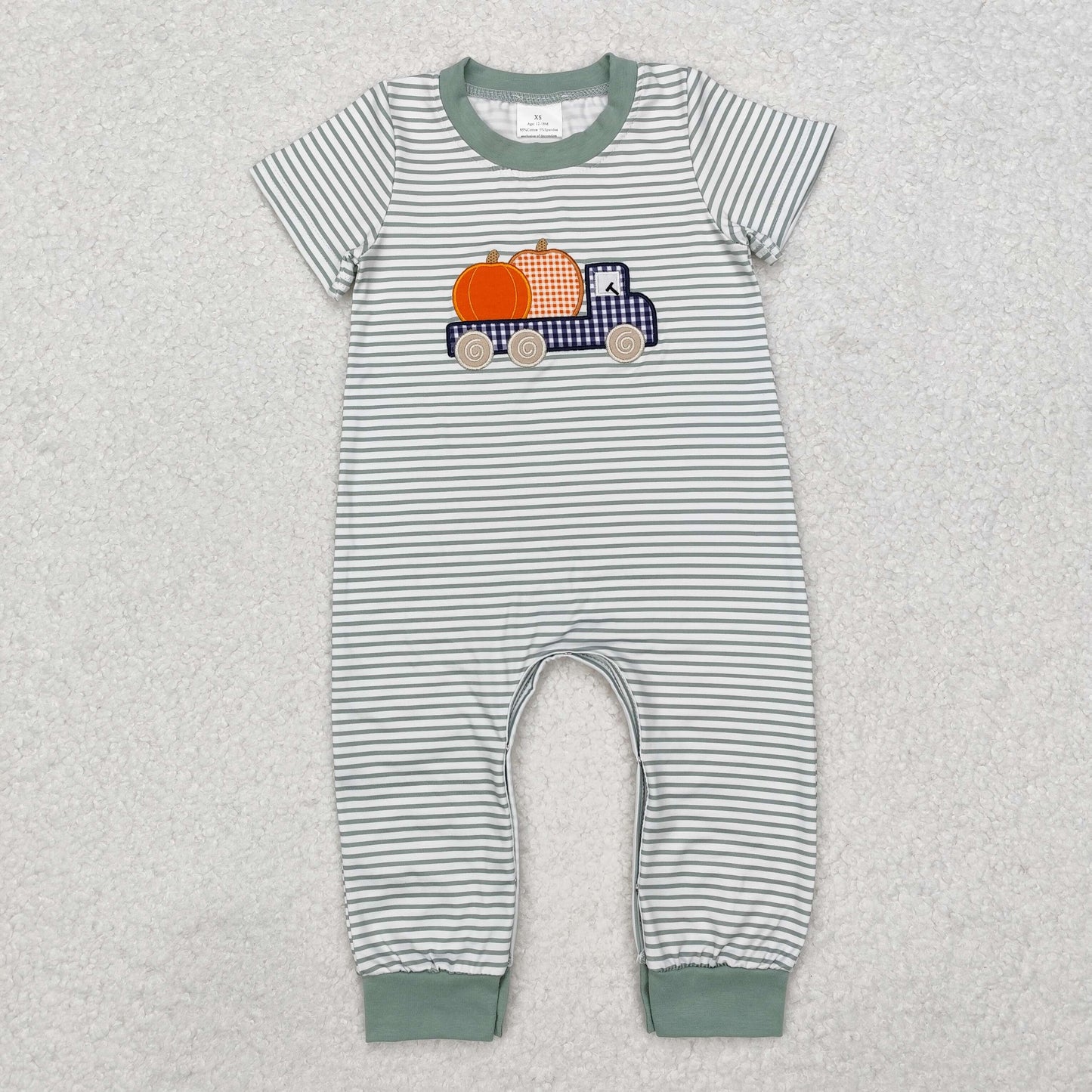 RTS NO MOQ ETA 5/7days Arrived SR1958 Embroidered pumpkin truck striped short-sleeved jumpsuit