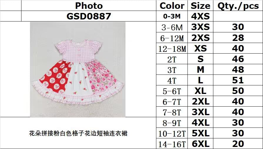 RTS no moq GSD0887 Flower patchwork pink and white plaid lace short-sleeved dress