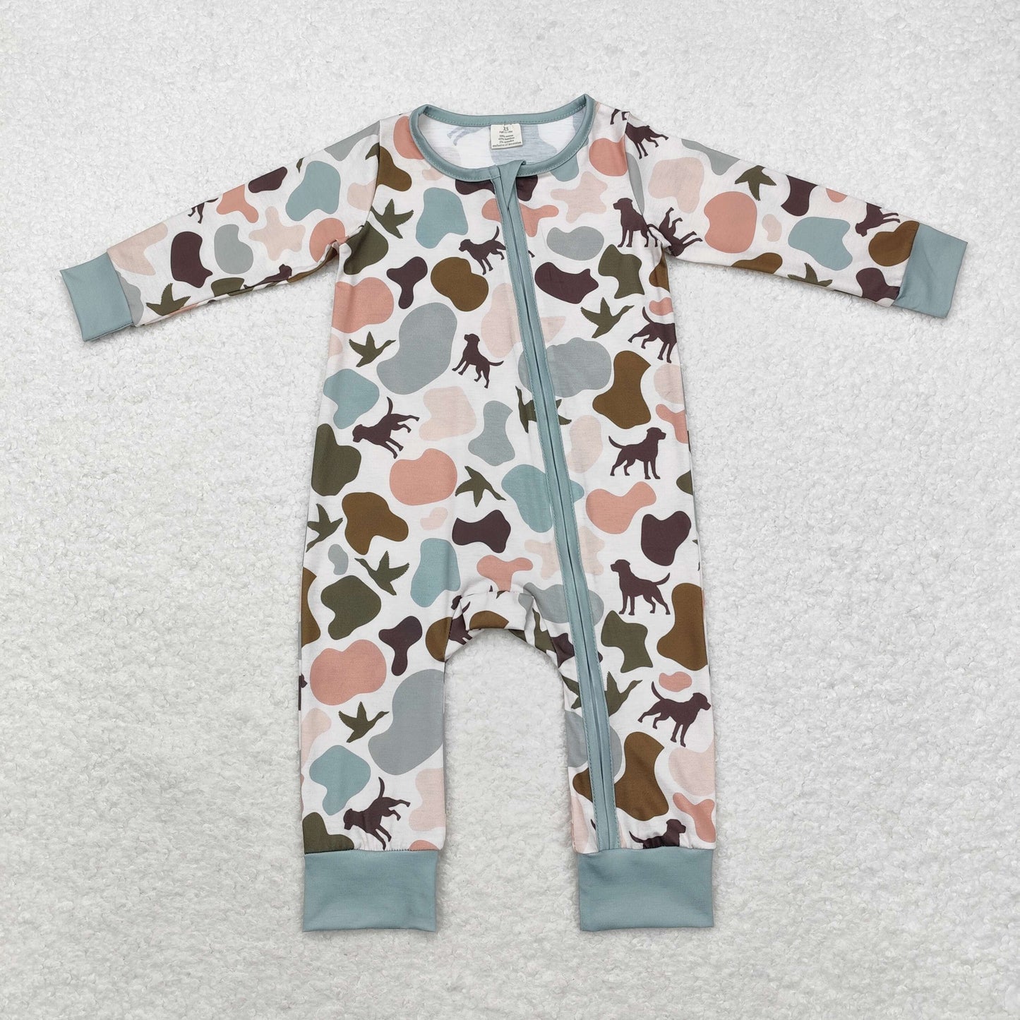 bamboo rts no moq LR1387 Modal puppy duck camouflage green zipper long sleeve jumpsuit