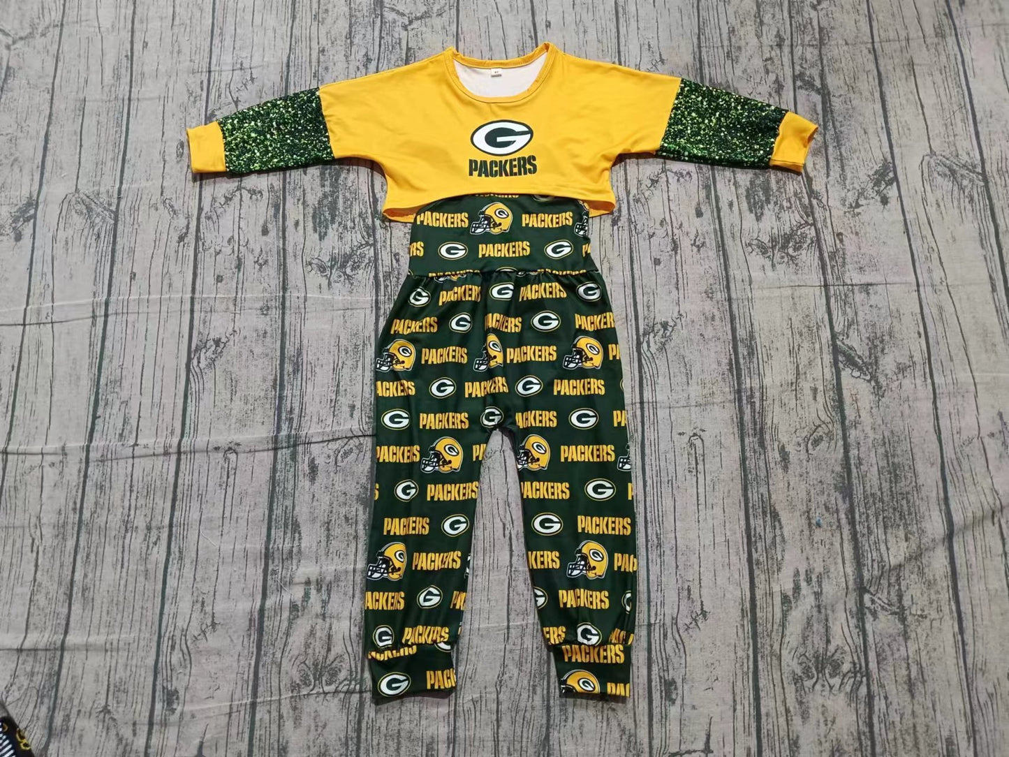 Custom moq 8 eta 6-8weeks baby girl clothes team yellow and green long-sleeved pants set-25.10.14