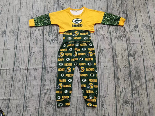 Custom moq 8 eta 6-8weeks baby girl clothes team yellow and green long-sleeved pants set-25.10.14