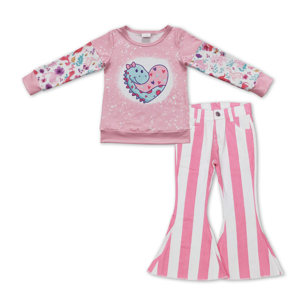 P0315 Pink and white striped denim trousers+GT0087 Girls Pink Love Dinosaur Long Sleeve Top