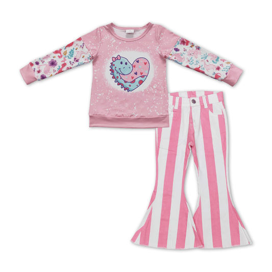 P0315 Pink and white striped denim trousers+GT0087 Girls Pink Love Dinosaur Long Sleeve Top