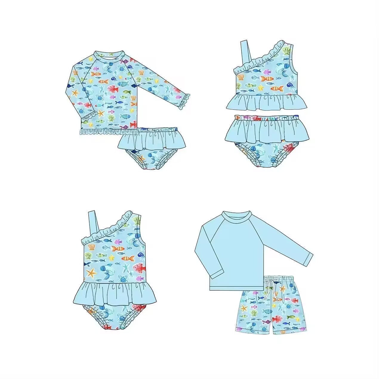 5.10custom each style moq 5eta 4-5week Sibling Sister ocean fish prints blue girls and boys outfits and baby romper swimsuit match family design